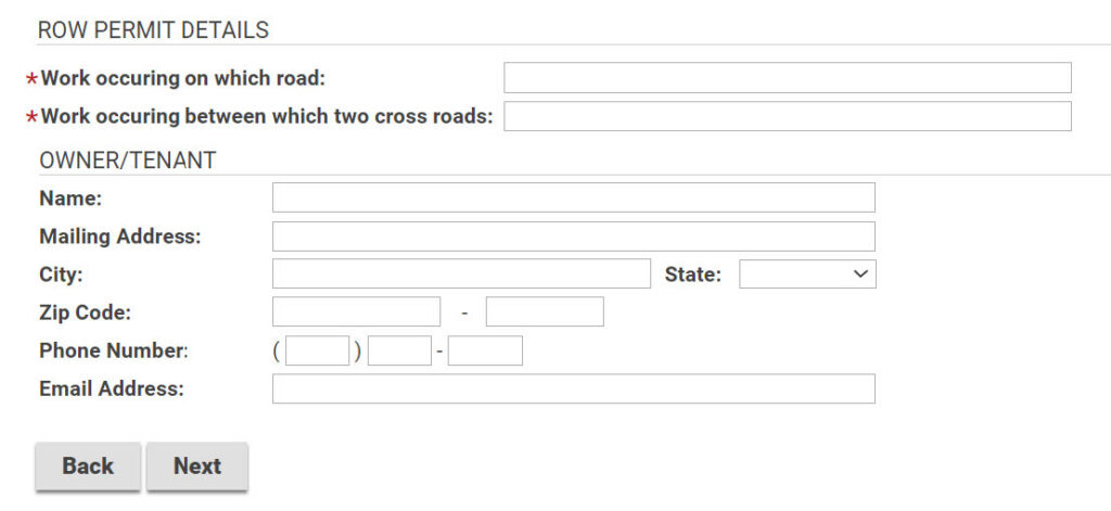 Fill in information on roads, and contact information if applicable.