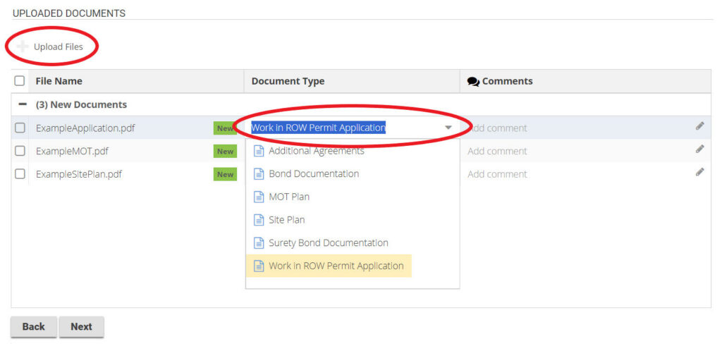 Upload required documents, specifying type (e.g. Work in ROW Permit Application).