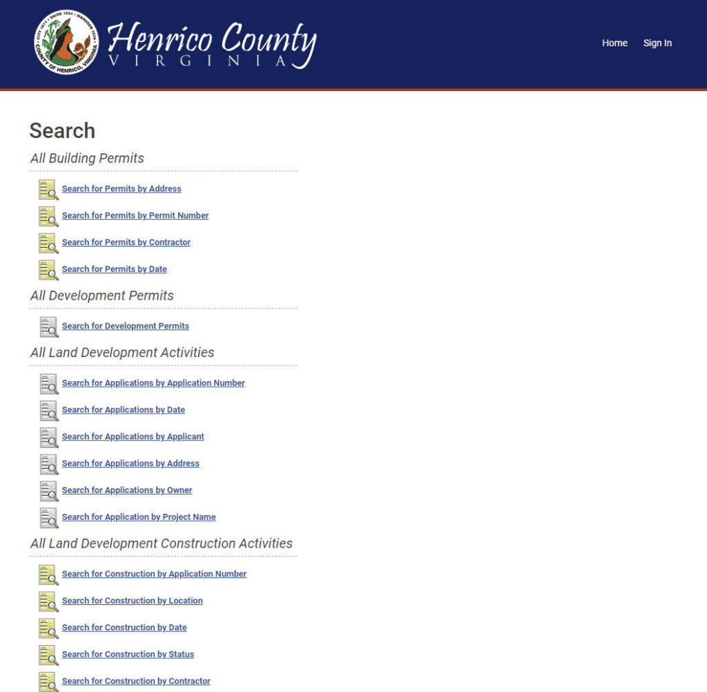 Page with list of ways to search: by address, by date, by applicant, and more.