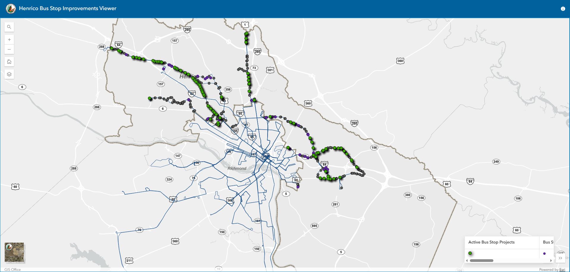 Screenshot of the GIS map for bus stops in the County with programmed improvements shown as green, purple, and grey dots.