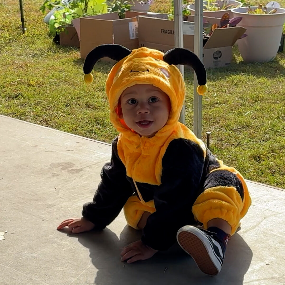 A little boy in a bee costume sitting on an outdoor stage.