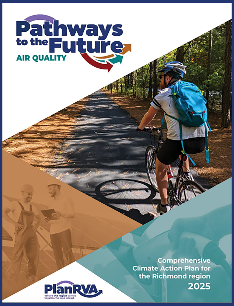 Pathways to the future cover logo. Man on bicycle riding on a path. Comprehensive Çlimate Action Plan 2025 with PlanRVA logo.