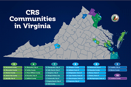 A FEMA map of Virginia detailing communities with a flood Community Rating System