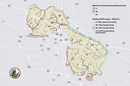 Map of Henrico County with flood hazard areas marked in colors.