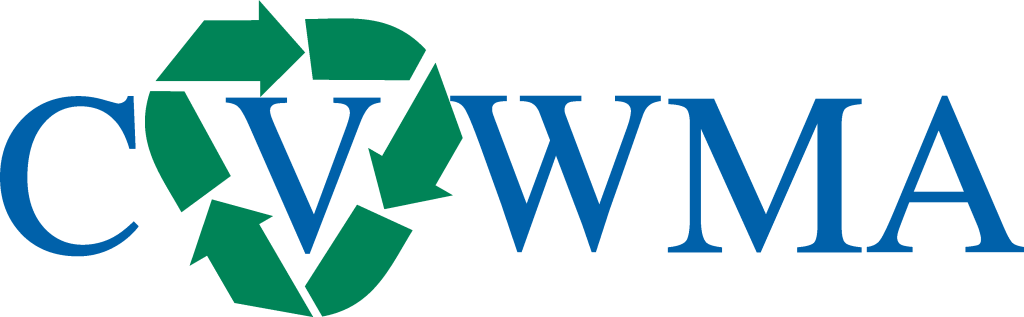 Logo of blue text letters CVWMA with 3 green arrows in a circle around the V