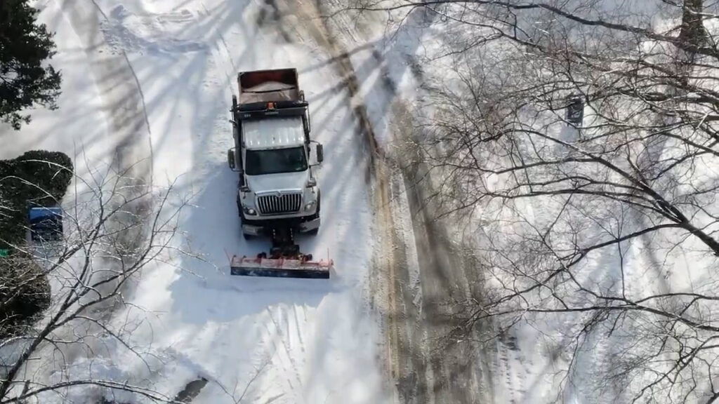 Aerial photo of a snowplow