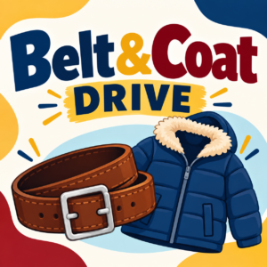 Belt & Coat Drive, Brown Belt and Blue Jacket