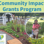 Community Impact Grants Program, with photos of a young girl cleaning up a lake or stream and a landscaped garden by an arbor. Logo for HEART - Henrico's Environmental Action Resource Team.