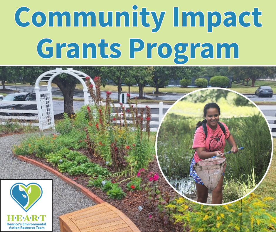 Graphic for Community Impact Grants Program with photos of a garden and a young girl.