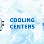 Graphic with text that reads Cooling Centers. Icons show a thermometer and a bottle of water.