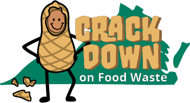 A smiling peanut figure stands in front of an outline of the state of Virginia with the words "crack down on food waste" written beside the peanut.
