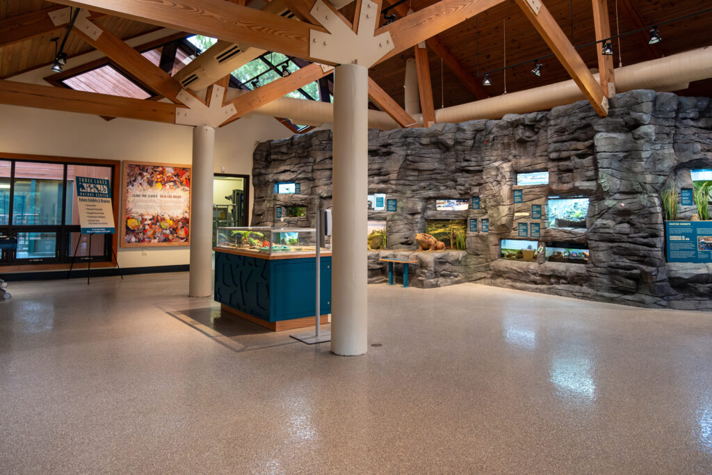 A photo shows the full room with exhibit tables and animal tanks.