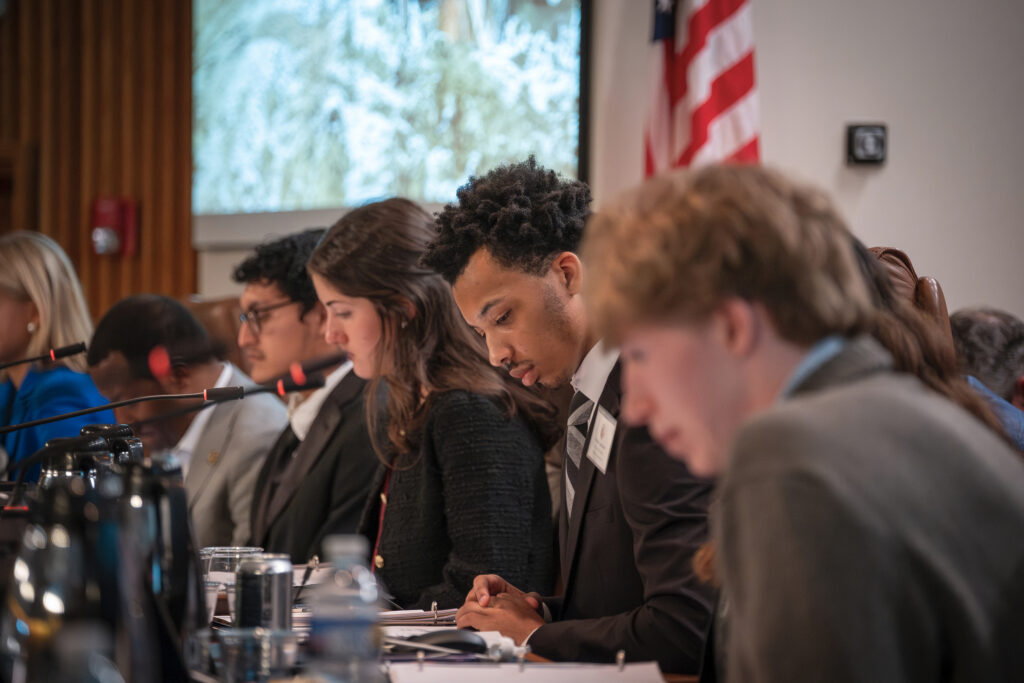 High school students participate in a mock Board of Supervisors meeting for Student Government Day.