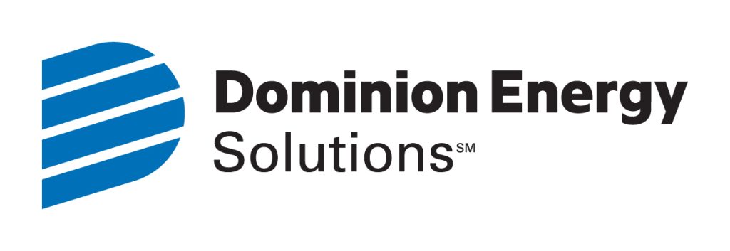 Logo of a solid blue D with 3 white lines through it on the left. Bold black text of Dominion Energy is to the right of the D & Solutions black text underneath