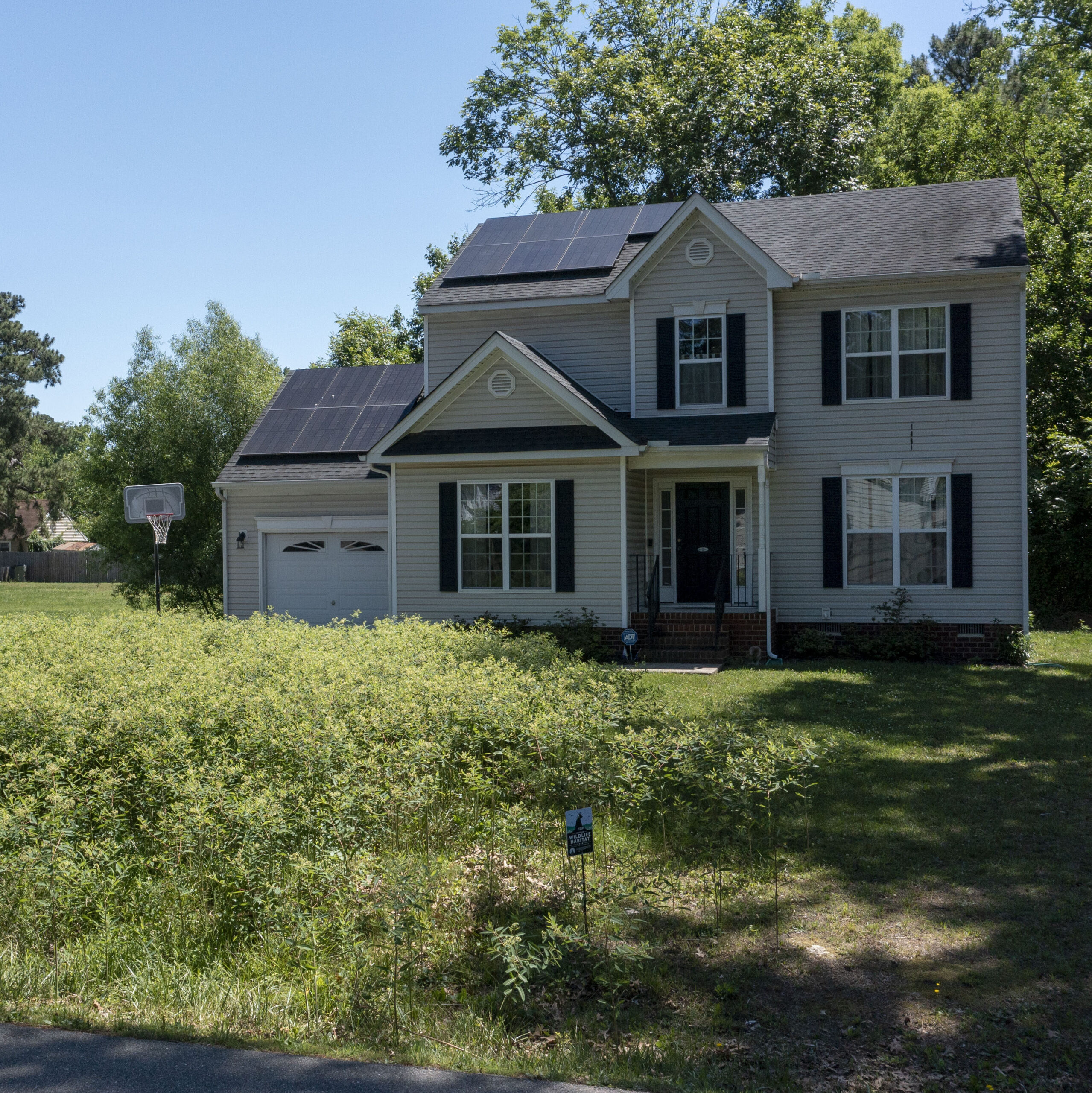 A two-story house with solar panels on the roof and a large, lush pollinator garden in the front yard.