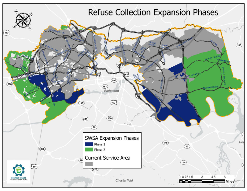Map of the phases of expansion, as follows: Phase One is Between Gaskins Road and Pump Road from Interstate 64 to Patterson Avenue, Between North Gaskins Road and North Parham Road from Patterson Avenue to River Road, Between Chippenham Parkway and the county line from River Road to the county line and Between Interstate 295 and the county line with the city of Richmond, excluding currently served areas. Phase two is Between the county line and Pump Road, North Gaskins Road, River Road and Chippenham Parkway from West Broad Street to the southwestern county line, Northwest of the I-295 and I-64 interchange to the county line and East of I-295 to the eastern county line from the southeastern county line to Portugee Road.