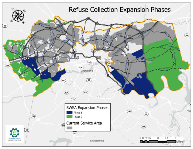 Map of the phases of expansion, as follows: Phase One is Between Gaskins Road and Pump Road from Interstate 64 to Patterson Avenue, Between North Gaskins Road and North Parham Road from Patterson Avenue to River Road, Between Chippenham Parkway and the county line from River Road to the county line and Between Interstate 295 and the county line with the city of Richmond, excluding currently served areas. Phase two is Between the county line and Pump Road, North Gaskins Road, River Road and Chippenham Parkway from West Broad Street to the southwestern county line, Northwest of the I-295 and I-64 interchange to the county line and East of I-295 to the eastern county line from the southeastern county line to Portugee Road.