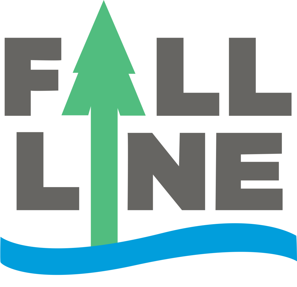 Logo of grey text reading Fall Line with a green tree silhouette replacing the A in Fall & the I in Line. A teal slightly wavy line touches the bottom of  the tree.