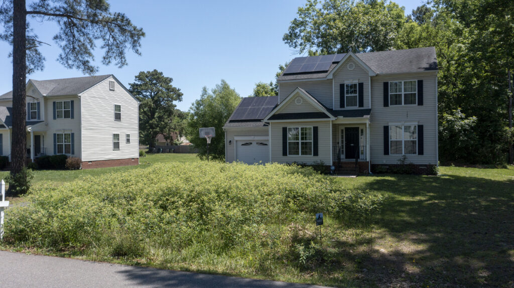 The front yard of a home, shown with native grasses and other plants in place of typical turf grass.