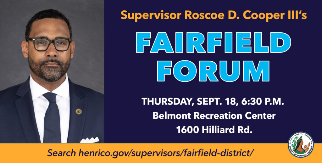 A graphic reads "Fairfield Forum: Thursday, Sept.18 at 6:30 p.m. at the Belmont Recreation Center."