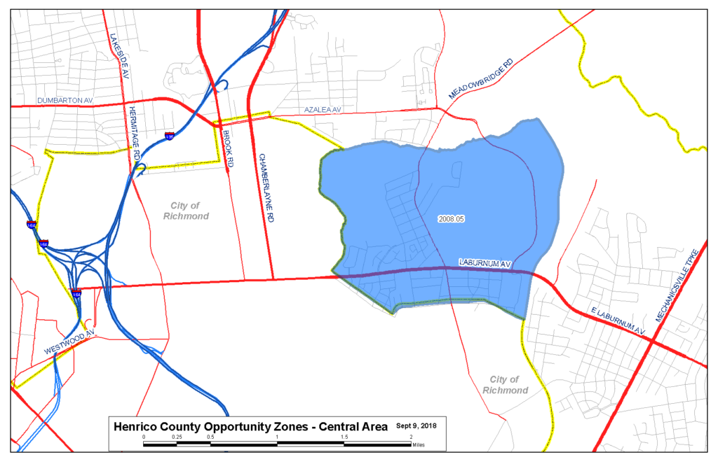 Map of the Central Opportunity Zone showing one zone, roughly two square miles, in central Henrico.