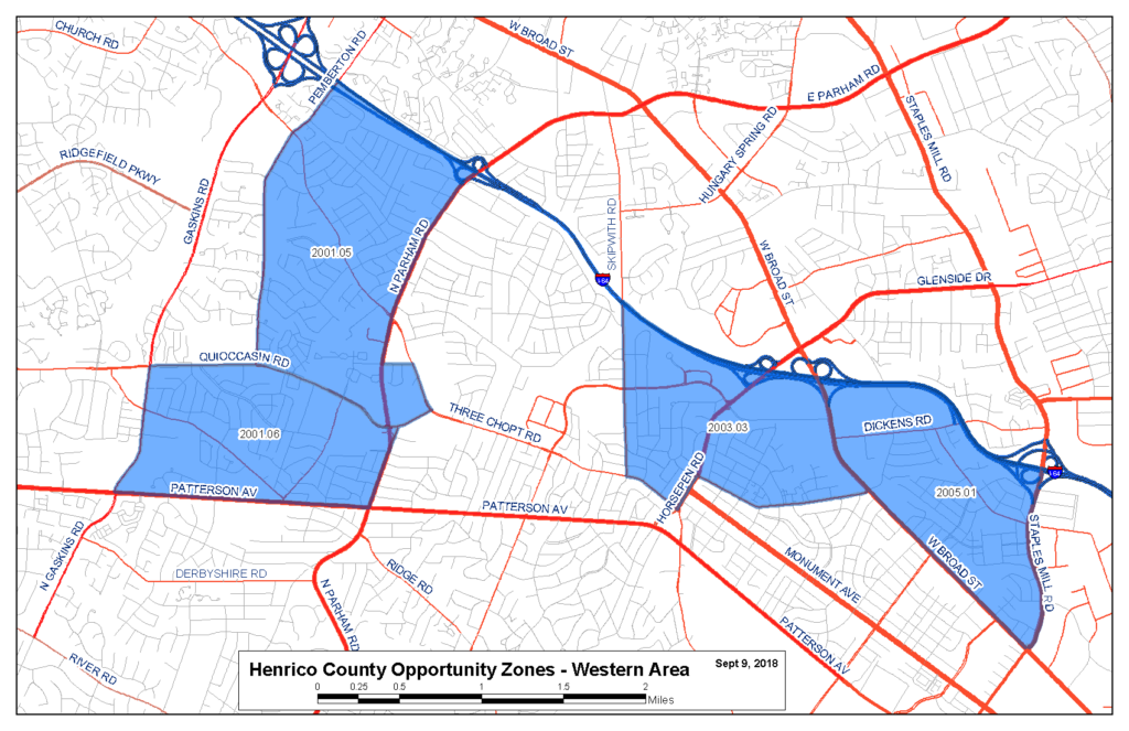 Map of the Western Opportunity Zone showing two separate areas, one between Patterson Avenue and Dickens Road and one to the west between Patterson Avenue and Quarter Mill Road.