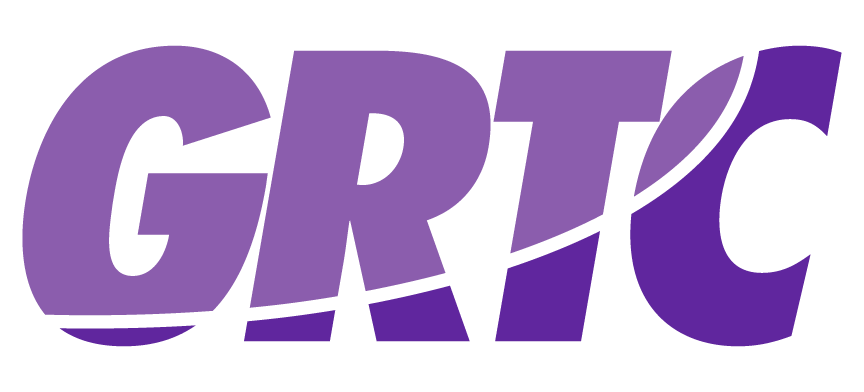 Logo with purple to dark purple text of GRTC. A thin white line curves through the letters representing motion.