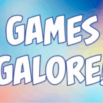 Text: Games Galore. Colorful rainbow background