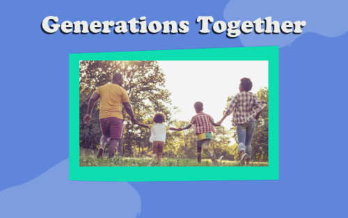 Title Graphic with the words Generations Together and a family of four walking in the park holding hands.