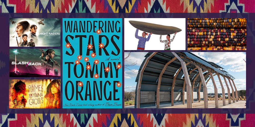 Native American Heritage Month collage with book cover, colorful illustrations, and images