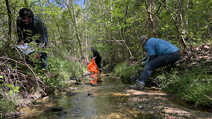 Three people cleaning up trash along the creak bed. One person wearing a blue shirt to the right of the photo is sitting while the one and the middle holds an orange trash bag and the one on the end is leaning down to pick up trash. 