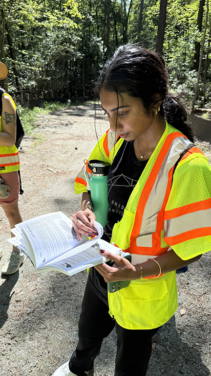 Woman looking at book in the woods.