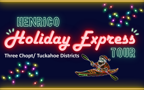 Henrico Holiday Express Tour in neon lights with Santa in a canoe.
