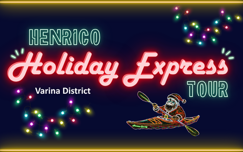Henrico Holiday Express Tour in neon lights with Santa in a canoe.