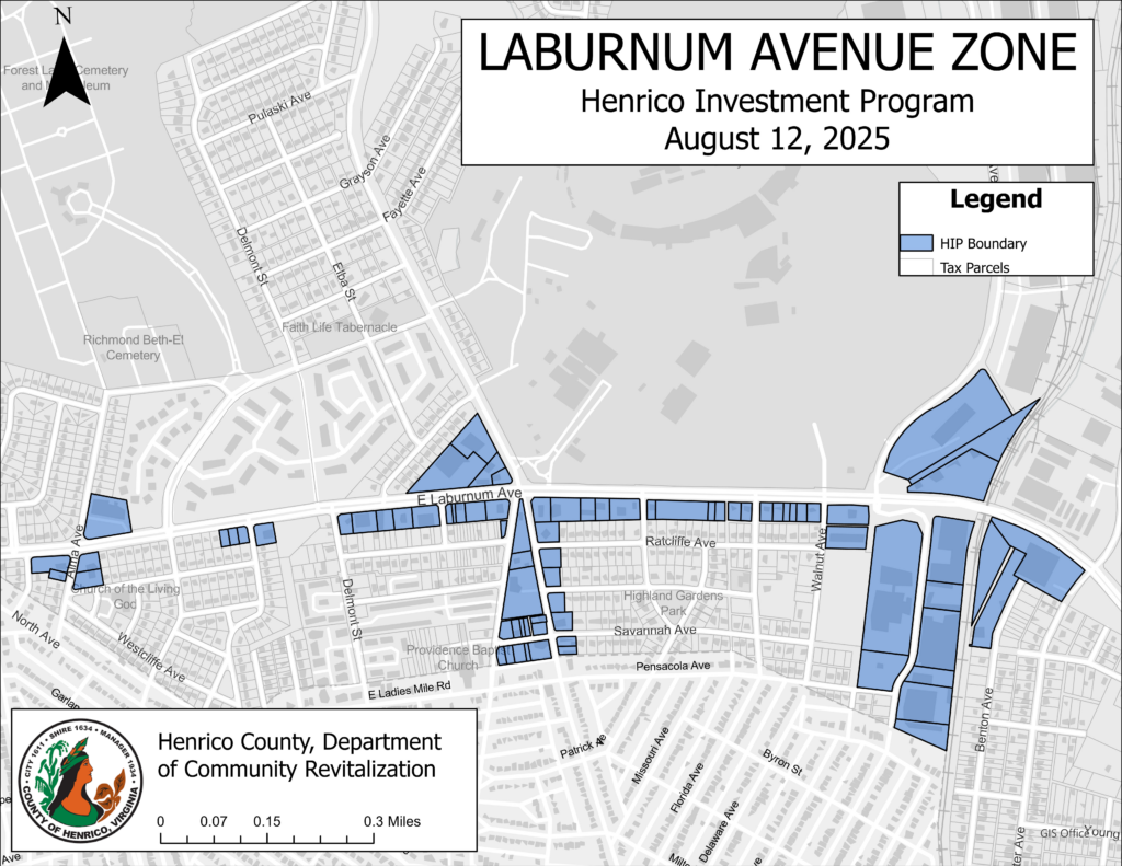 Map showing the HIP Zone along both sides of Laburnum Avenue beginning just past North Avenue and running about 1.5 miles to Vawter Avenue.