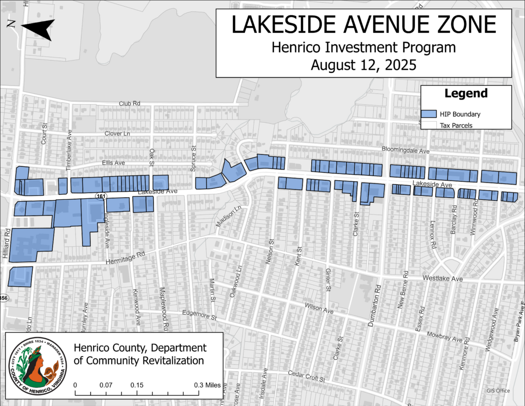 Map of the HIP Zone on both sides of Lakeside Avenue, beginning at the County line and running North 1.25 miles to Hilliard Road. The map was last updated August 12, 2025.