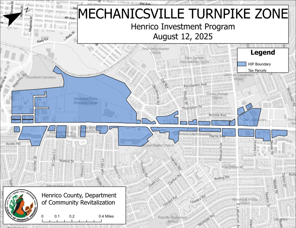 Map showing the HIP Zone Mechanicsville Turnpike including large commercial areas on both sides of the road and running approximately 1.8 miles from Route 64 to Neale Street. The map was last updated August 12, 2025.