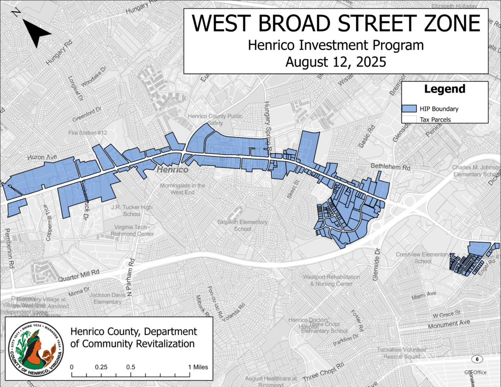 Map showing the HIP Zone along West Broad Street including a smaller area at the intersection of West Broad Street and Horsepen Road and a larger commercial area on both sides of West Broad Street running approximately 3 miles Northwest from Route 64 to Springfield Road. The map was last updated August 12, 2025. 