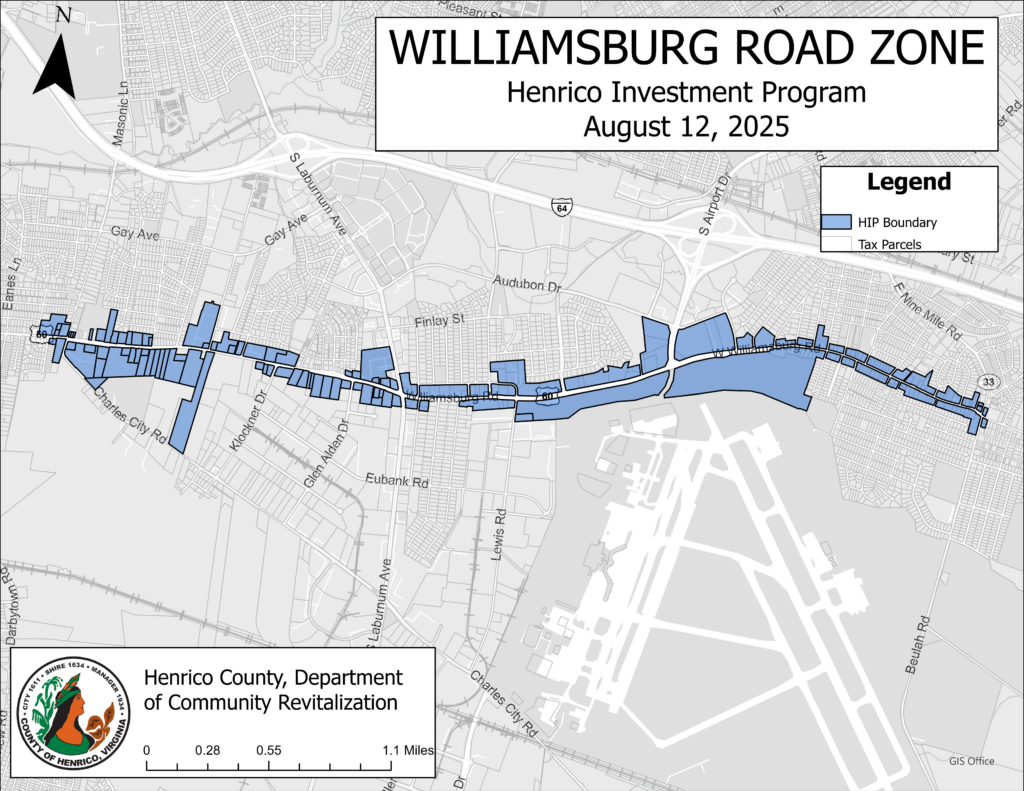 Map showing the HIP Zone along both sides of Williamsburg Road beginning just before Masonic Ln and running approximately 4.4 miles to East Nine Mile Road. The map was last updated August 12, 2025.