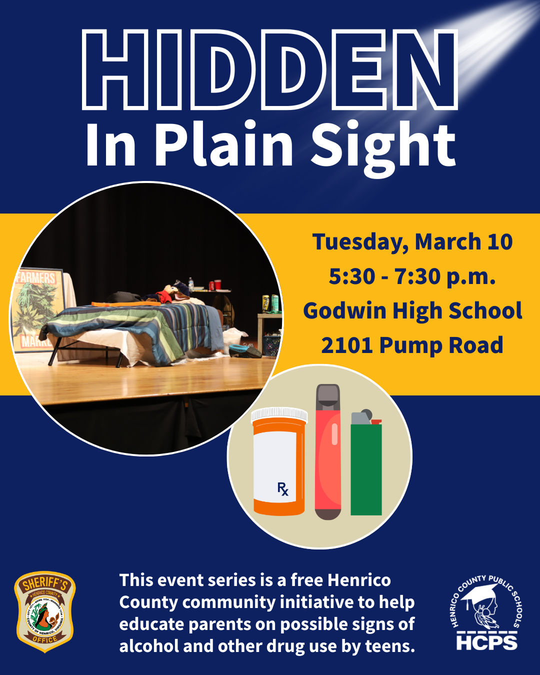 An image says "Hidden in Plain Sight on Tuesday, Marh 10 from 5:30 to 7:30 p.m. at Godwin High School."