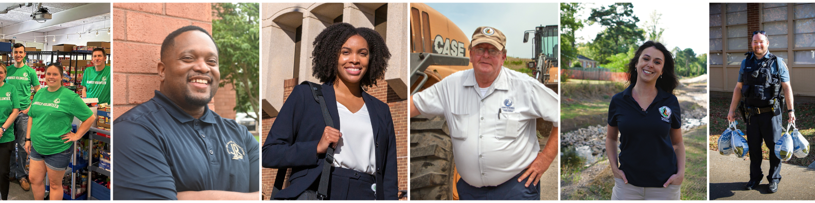 Banner of six employee photos; group of people in green shirts posing at a food pantry, man in JRJDC polo with his arms crossed smiling at the camera, a young lawyer holding a laptop bag in front of the courts building, a public utilities employee outside next to a piece of machinery, a utilities employee standing in front of a ditch posing with her hands in her pockets, a police officer carrying several frozen turkeys