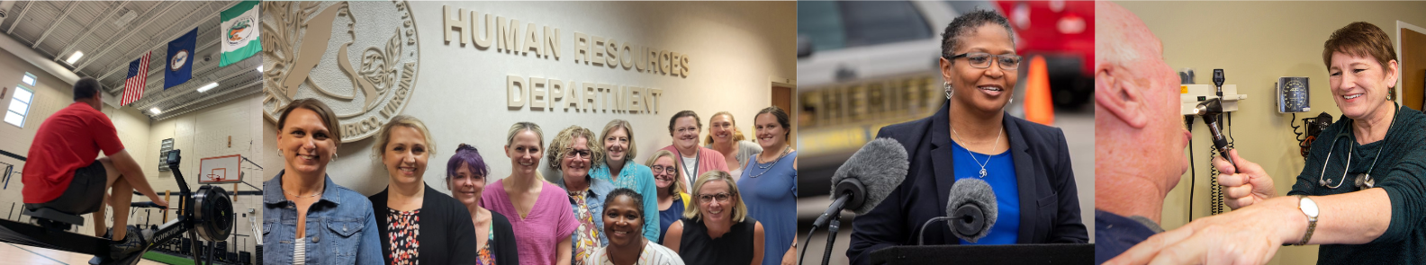 Horizontal collage of four HR staff images: a man rowing in the training center gym, 12 women posing in front of the HR seal on the wall, Yvette smiling at a podium outside; a health worker looking down a mans throat inside the clinic