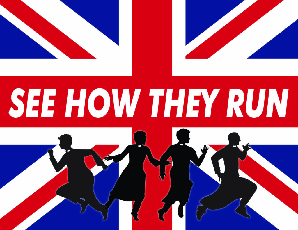 People running in front of British flag with text: "See How They Run!"