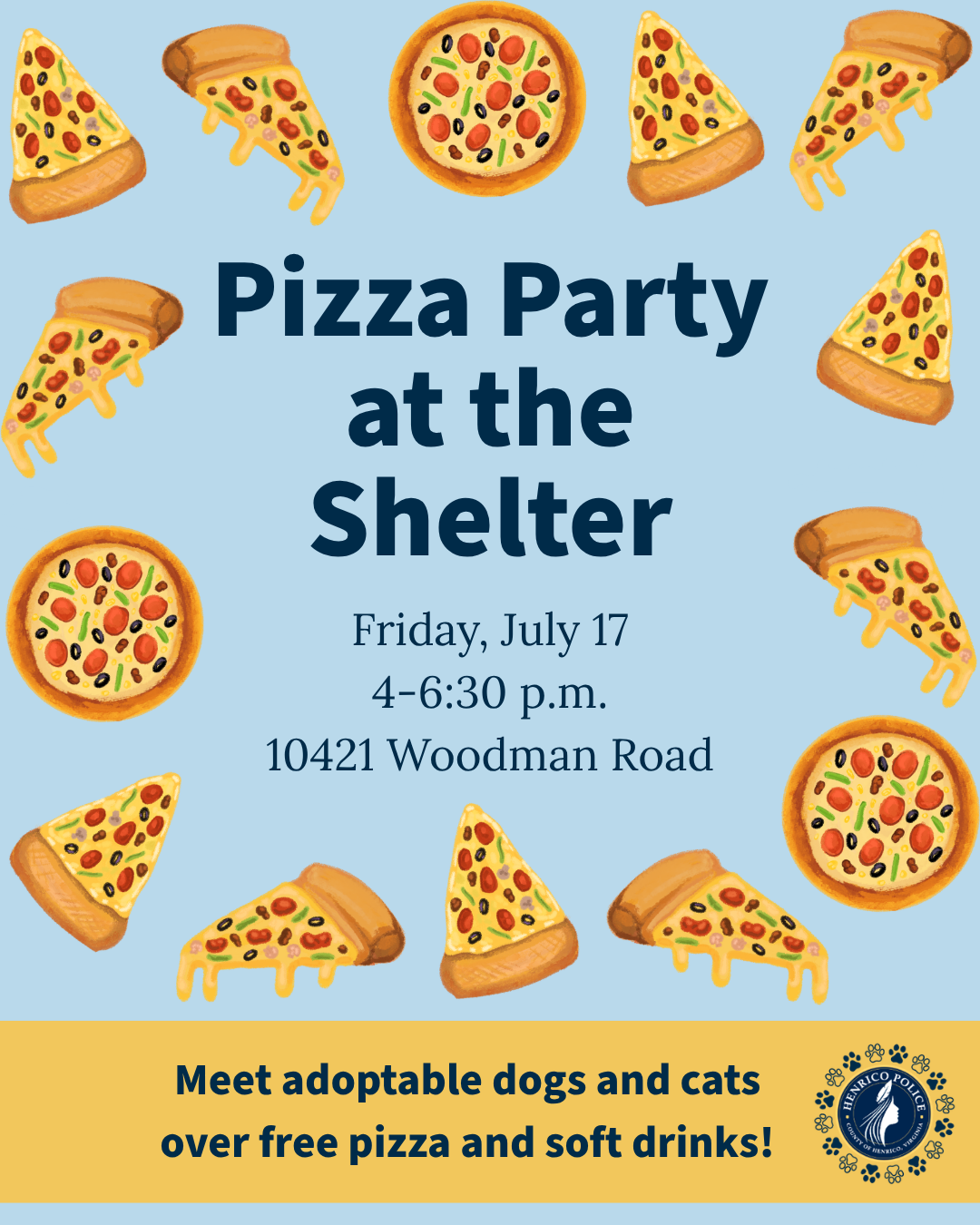A graphic says "pizza party at the shelter Friday, July 17 from 4-6:30 p.m. at 10421 Woodman Road."