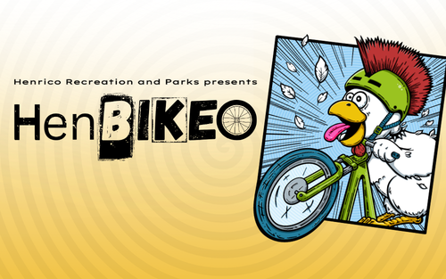 Title: Henrico Recreation and parks presents henbikeo. Graphic of a chicken on a bike.