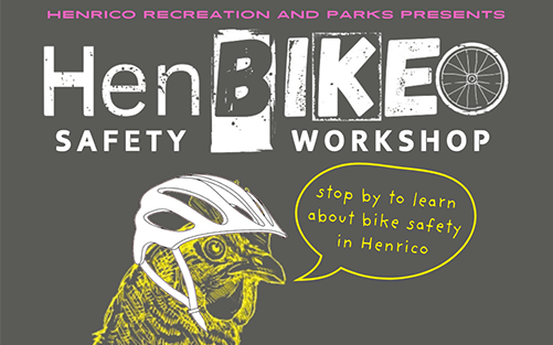 HenBikeo Safety Workshop. Chicken with helmet inviting you to the workshop.
