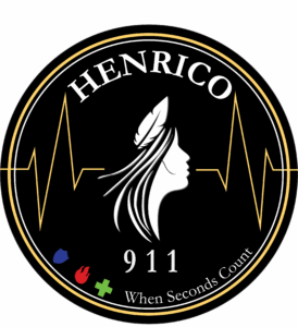Image is the Henrico 911 logo, which is a circle and the silhouette of Pocahontas with a feather on top, and then heartbeat lines on either side.