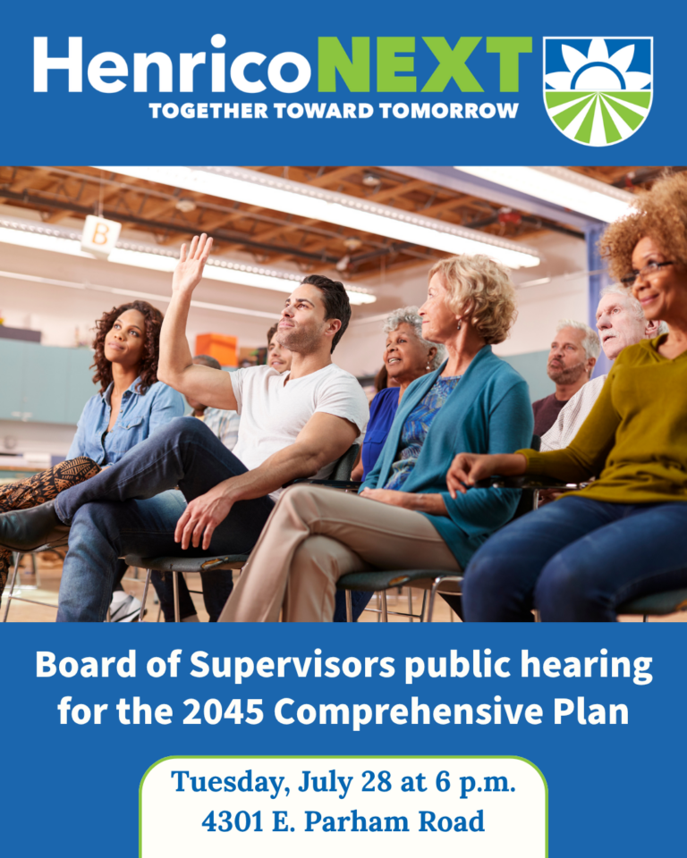 A graphic says "Board of Supervisors public hearing for the 2045 Comprehensive Plan."