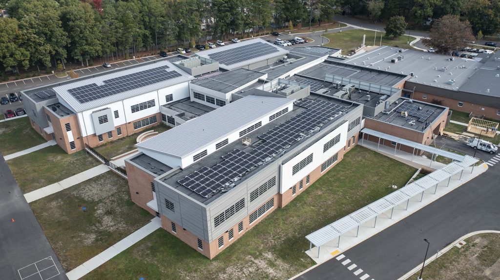 Aerial view of Holladay Elementary School with Solar Panels on the roof