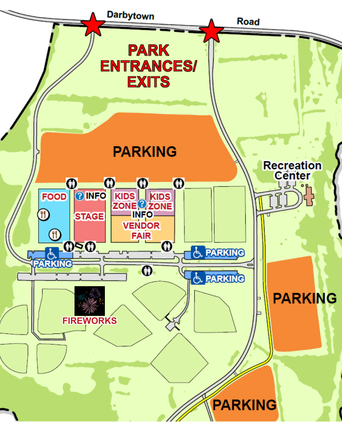 Photo of Event Map for Juneteenth 2026. Field 3 and 4 are half Kids Zone, half Vendor Fair. There's also an Info Tent in the middle. Field 5 has the Stage and another Info Tent. Fireworks will be behind the stage when you're facing it. Field 6 is for Food. There is parking in the front field closest to the road, ADA parking is in the lots in between the fields. There is additional parking throughout the park and cars will be directed where to go. There are also restrooms throughout the event field.